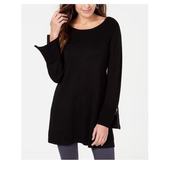 Alfani, Black long sleeve tunic sweater with zipper detail at the cuffs - Picture 2 of 11